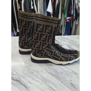 Fendi Brown & Black FF Jacquard Knit Boot Sneakers